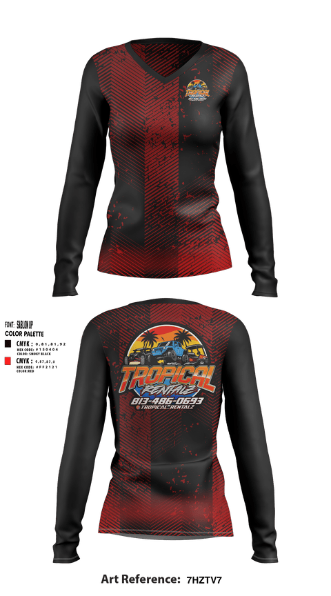 Women's Long Sleeve Vneck Shirt, Tropical Rentalz, , Teamtime, Team time, sublimation, custom sports apparel, team uniforms, spirit wear, spiritwear, sports uniforms, custom shirts, team store, custom team store, fundraiser sports, apparel fundraiser