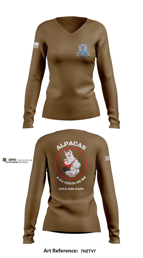 Women's Long Sleeve Vneck Shirt, Alpha Company 205th MI BN, Army, Teamtime, Team time, sublimation, custom sports apparel, team uniforms, spirit wear, spiritwear, sports uniforms, custom shirts, team store, custom team store, fundraiser sports, apparel fundraiser
