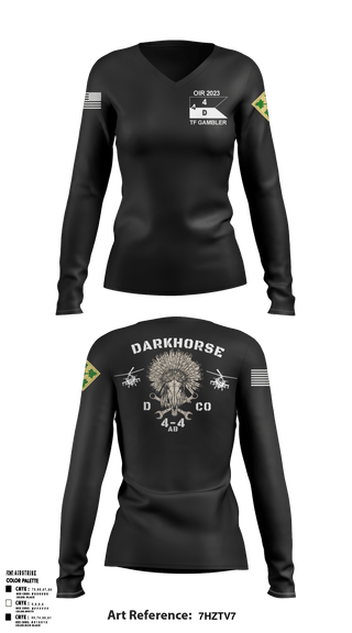 Women's Long Sleeve Vneck Shirt, 4-4 AB DARKHORSE, Army, Teamtime, Team time, sublimation, custom sports apparel, team uniforms, spirit wear, spiritwear, sports uniforms, custom shirts, team store, custom team store, fundraiser sports, apparel fundraiser