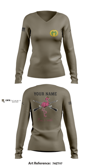 Women's Long Sleeve Vneck Shirt, Flamingo Co F 3/485 IN, Army, Teamtime, Team time, sublimation, custom sports apparel, team uniforms, spirit wear, spiritwear, sports uniforms, custom shirts, team store, custom team store, fundraiser sports, apparel fundraiser