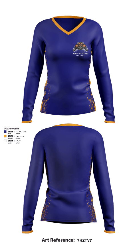 Women's Long Sleeve Vneck Shirt, North Stafford High School Basketball, Women's Basketball, Teamtime, Team time, sublimation, custom sports apparel, team uniforms, spirit wear, spiritwear, sports uniforms, custom shirts, team store, custom team store, fundraiser sports, apparel fundraiser