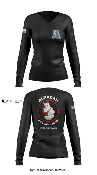 Women's Long Sleeve Vneck Shirt, Alpha Company 205th MI BN, Army, Teamtime, Team time, sublimation, custom sports apparel, team uniforms, spirit wear, spiritwear, sports uniforms, custom shirts, team store, custom team store, fundraiser sports, apparel fundraiser