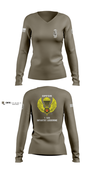 Women's Long Sleeve Vneck Shirt, B CO 1-509 IN, Army, Teamtime, Team time, sublimation, custom sports apparel, team uniforms, spirit wear, spiritwear, sports uniforms, custom shirts, team store, custom team store, fundraiser sports, apparel fundraiser