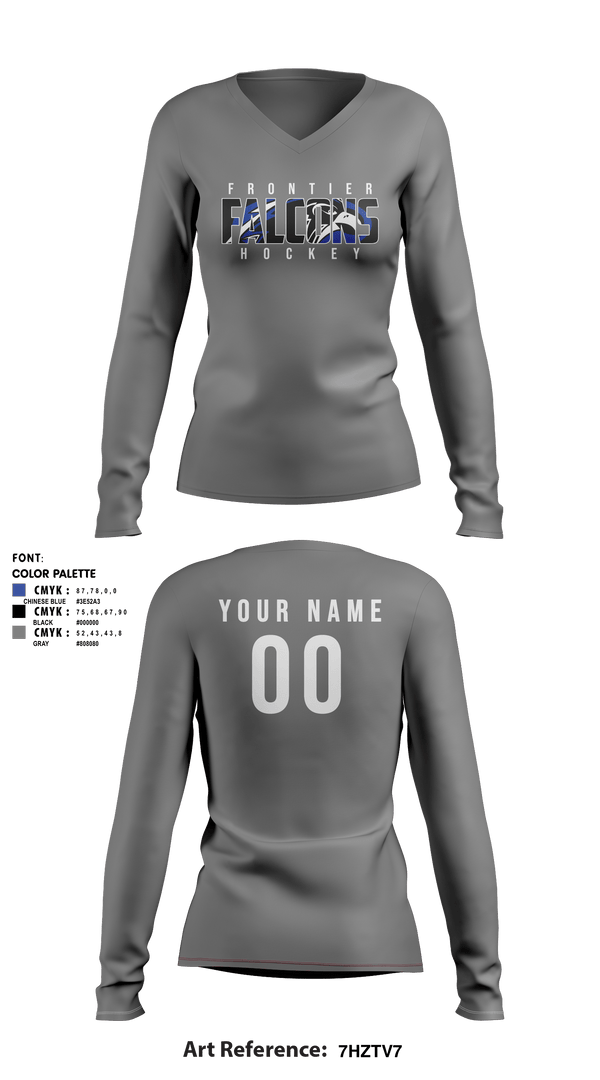 Women's Long Sleeve Vneck Shirt, Frontier Central Hockey, Hockey, Teamtime, Team time, sublimation, custom sports apparel, team uniforms, spirit wear, spiritwear, sports uniforms, custom shirts, team store, custom team store, fundraiser sports, apparel fundraiser