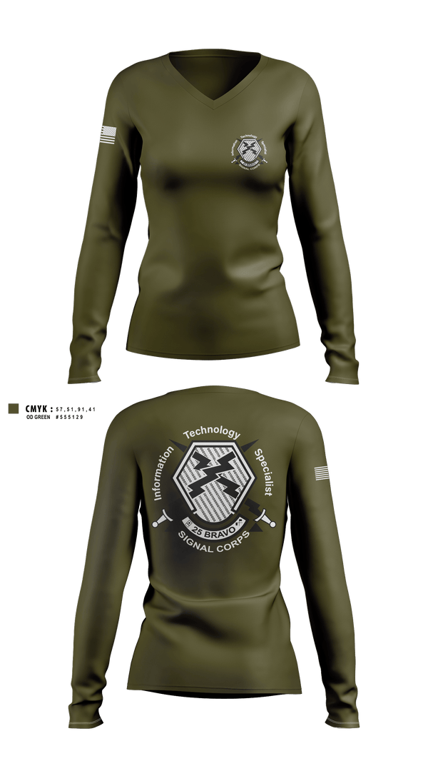 Women's Long Sleeve Vneck Shirt, 25 Bravo, Army, Teamtime, Team time, sublimation, custom sports apparel, team uniforms, spirit wear, spiritwear, sports uniforms, custom shirts, team store, custom team store, fundraiser sports, apparel fundraiser