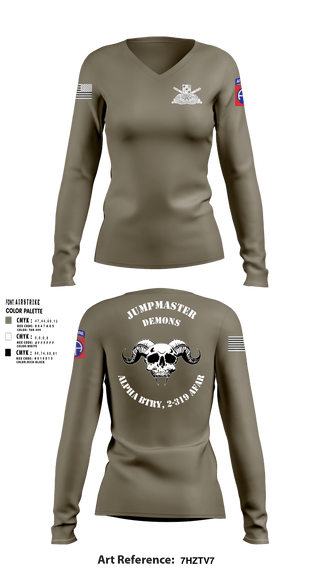Women's Long Sleeve Vneck Shirt, ALPHA BTRY, 2-319th AFAR, Army, Teamtime, Team time, sublimation, custom sports apparel, team uniforms, spirit wear, spiritwear, sports uniforms, custom shirts, team store, custom team store, fundraiser sports, apparel fundraiser