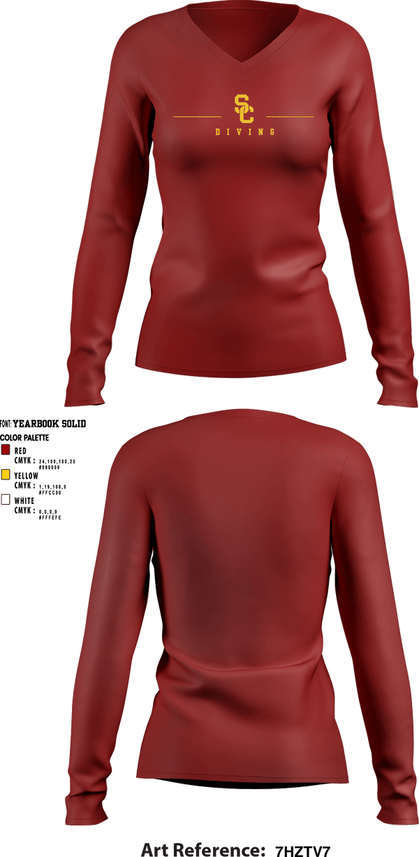 Women's Long Sleeve Vneck Shirt, University Of Southern California Diving, Spirit Store, Teamtime, Team time, sublimation, custom sports apparel, team uniforms, spirit wear, spiritwear, sports uniforms, custom shirts, team store, custom team store, fundraiser sports, apparel fundraiser