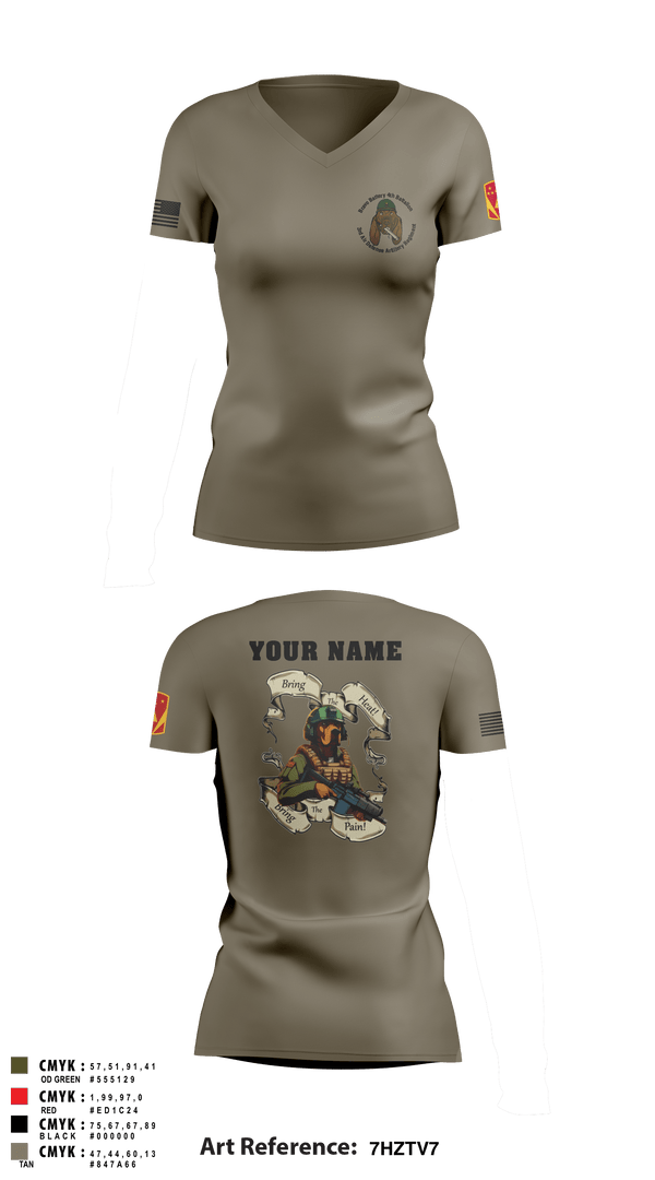 Women's Short Sleeve Vneck Shirt, Bravo Battery, 4th Battalion, 3rd Air Defense Artillery Regiment, Army, Teamtime, Team time, sublimation, custom sports apparel, team uniforms, spirit wear, spiritwear, sports uniforms, custom shirts, team store, custom team store, fundraiser sports, apparel fundraiser