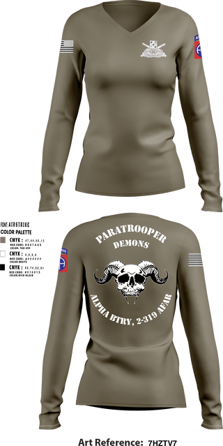 Women's Long Sleeve Vneck Shirt, ALPHA BTRY, 2-319th AFAR, Army, Teamtime, Team time, sublimation, custom sports apparel, team uniforms, spirit wear, spiritwear, sports uniforms, custom shirts, team store, custom team store, fundraiser sports, apparel fundraiser