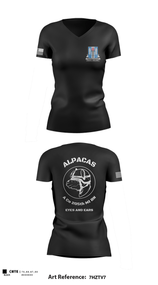 Women's Short Sleeve Vneck Shirt, Alpha Company 205th MI BN, Army, Teamtime, Team time, sublimation, custom sports apparel, team uniforms, spirit wear, spiritwear, sports uniforms, custom shirts, team store, custom team store, fundraiser sports, apparel fundraiser