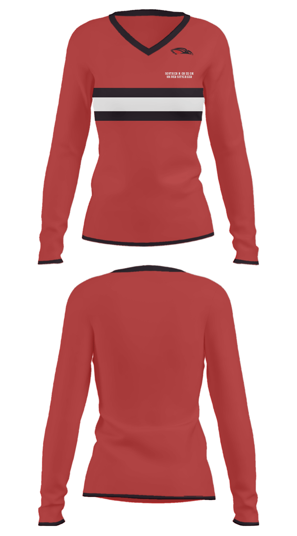Women's Long Sleeve Vneck Shirt, Southern Oregon University Cheer, Cheer, Teamtime, Team time, sublimation, custom sports apparel, team uniforms, spirit wear, spiritwear, sports uniforms, custom shirts, team store, custom team store, fundraiser sports, apparel fundraiser
