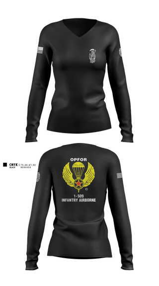 Women's Long Sleeve Vneck Shirt, B CO 1-509 IN, Army, Teamtime, Team time, sublimation, custom sports apparel, team uniforms, spirit wear, spiritwear, sports uniforms, custom shirts, team store, custom team store, fundraiser sports, apparel fundraiser