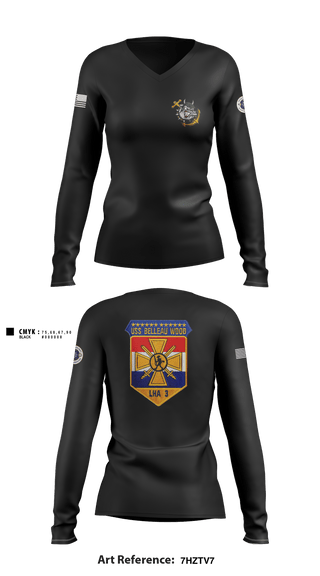 Women's Long Sleeve Vneck Shirt, USS Belleau Wood, Navy, Teamtime, Team time, sublimation, custom sports apparel, team uniforms, spirit wear, spiritwear, sports uniforms, custom shirts, team store, custom team store, fundraiser sports, apparel fundraiser