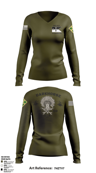 Women's Long Sleeve Vneck Shirt, 4-4 AB DARKHORSE, Army, Teamtime, Team time, sublimation, custom sports apparel, team uniforms, spirit wear, spiritwear, sports uniforms, custom shirts, team store, custom team store, fundraiser sports, apparel fundraiser