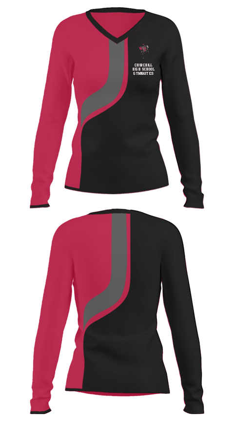 Women's Long Sleeve Vneck Shirt, Churchill High School Gymnastics, Cheer, Teamtime, Team time, sublimation, custom sports apparel, team uniforms, spirit wear, spiritwear, sports uniforms, custom shirts, team store, custom team store, fundraiser sports, apparel fundraiser