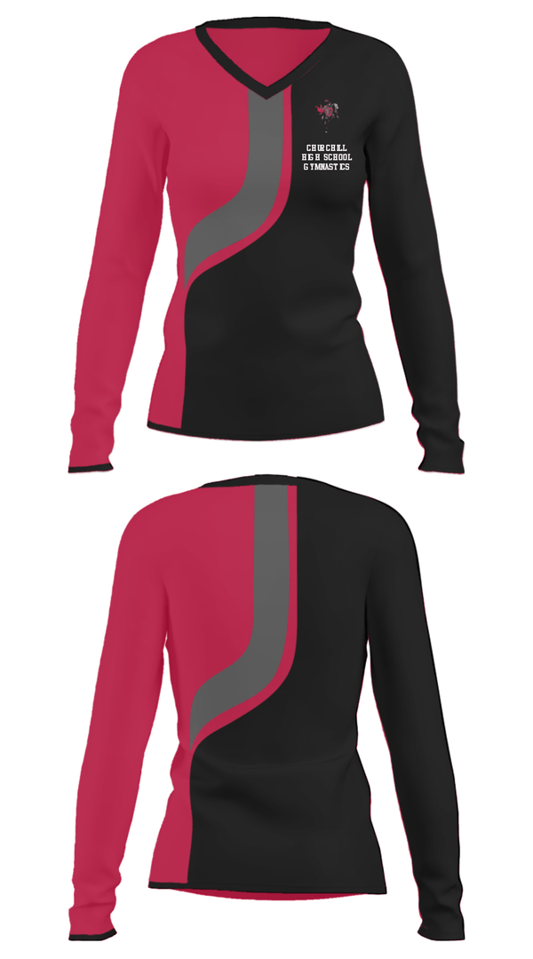 Women's Long Sleeve Vneck Shirt, Churchill High School Gymnastics, Cheer, Teamtime, Team time, sublimation, custom sports apparel, team uniforms, spirit wear, spiritwear, sports uniforms, custom shirts, team store, custom team store, fundraiser sports, apparel fundraiser