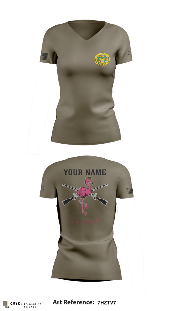 Women's Short Sleeve Vneck Shirt, Flamingo Co F 3/485 IN, Army, Teamtime, Team time, sublimation, custom sports apparel, team uniforms, spirit wear, spiritwear, sports uniforms, custom shirts, team store, custom team store, fundraiser sports, apparel fundraiser