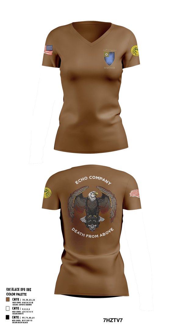 Women's Short Sleeve Vneck Shirt, E Co 3-34 IN REG “Death from above”, Army, Teamtime, Team time, sublimation, custom sports apparel, team uniforms, spirit wear, spiritwear, sports uniforms, custom shirts, team store, custom team store, fundraiser sports, apparel fundraiser