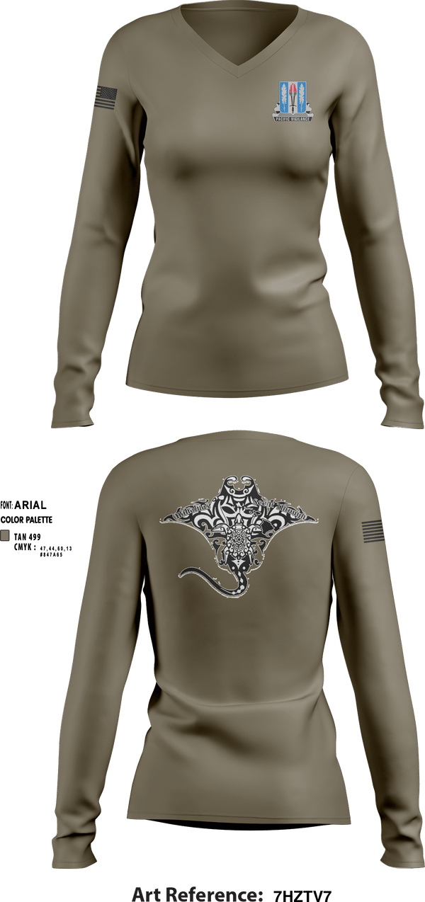 Women's Long Sleeve Vneck Shirt, Full FoarceHHD, 205th MI BN, Spirit Store, Teamtime, Team time, sublimation, custom sports apparel, team uniforms, spirit wear, spiritwear, sports uniforms, custom shirts, team store, custom team store, fundraiser sports, apparel fundraiser