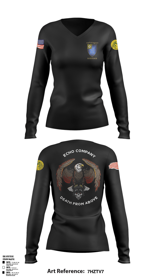Women's Long Sleeve Vneck Shirt, E Co 3-34 IN REG “Death from above”, Army, Teamtime, Team time, sublimation, custom sports apparel, team uniforms, spirit wear, spiritwear, sports uniforms, custom shirts, team store, custom team store, fundraiser sports, apparel fundraiser
