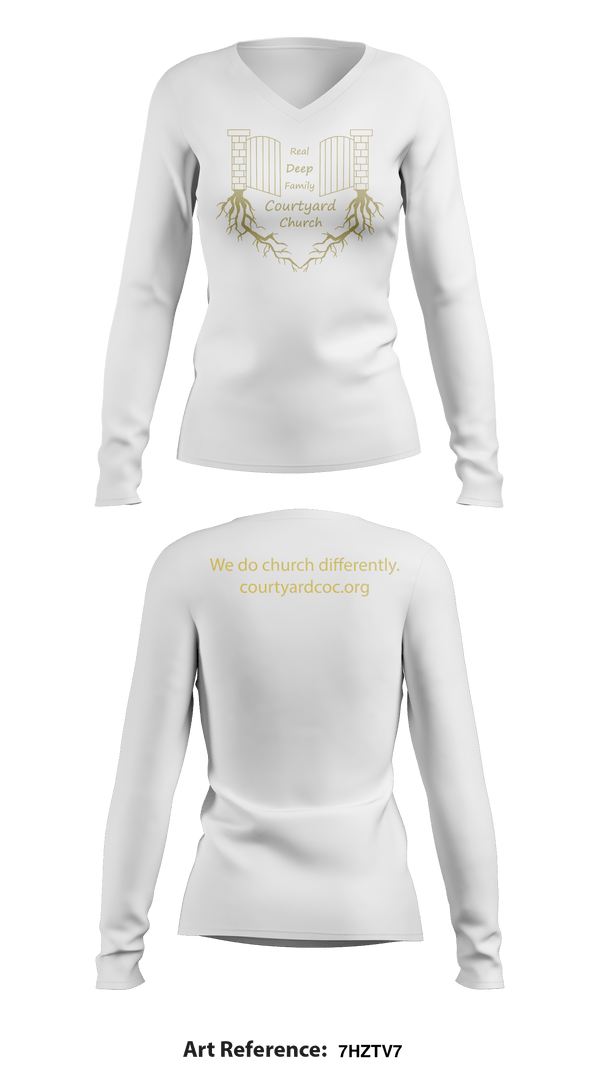 Women's Long Sleeve Vneck Shirt, Courtyard Chuch, , Teamtime, Team time, sublimation, custom sports apparel, team uniforms, spirit wear, spiritwear, sports uniforms, custom shirts, team store, custom team store, fundraiser sports, apparel fundraiser