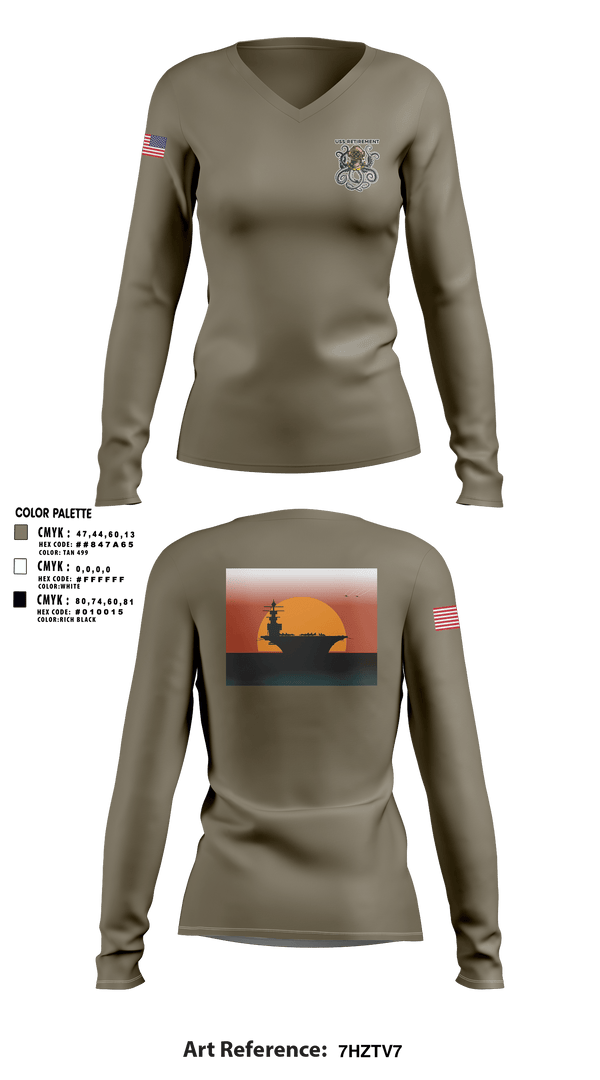 Women's Long Sleeve Vneck Shirt, USS Retirement, Navy, Teamtime, Team time, sublimation, custom sports apparel, team uniforms, spirit wear, spiritwear, sports uniforms, custom shirts, team store, custom team store, fundraiser sports, apparel fundraiser