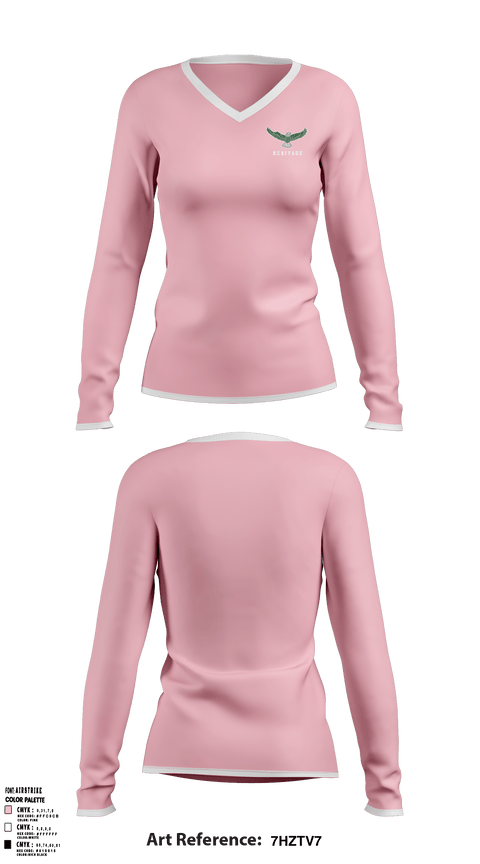 Women's Long Sleeve Vneck Shirt, Heritage Elementary School, Spirit Store, Teamtime, Team time, sublimation, custom sports apparel, team uniforms, spirit wear, spiritwear, sports uniforms, custom shirts, team store, custom team store, fundraiser sports, apparel fundraiser
