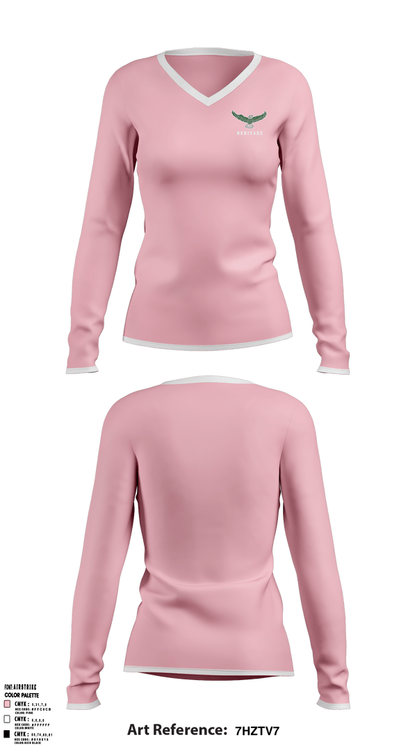 Women's Long Sleeve Vneck Shirt, Heritage Elementary School, Spirit Store, Teamtime, Team time, sublimation, custom sports apparel, team uniforms, spirit wear, spiritwear, sports uniforms, custom shirts, team store, custom team store, fundraiser sports, apparel fundraiser
