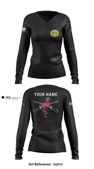 Women's Long Sleeve Vneck Shirt, Flamingo Co F 3/485 IN, Army, Teamtime, Team time, sublimation, custom sports apparel, team uniforms, spirit wear, spiritwear, sports uniforms, custom shirts, team store, custom team store, fundraiser sports, apparel fundraiser