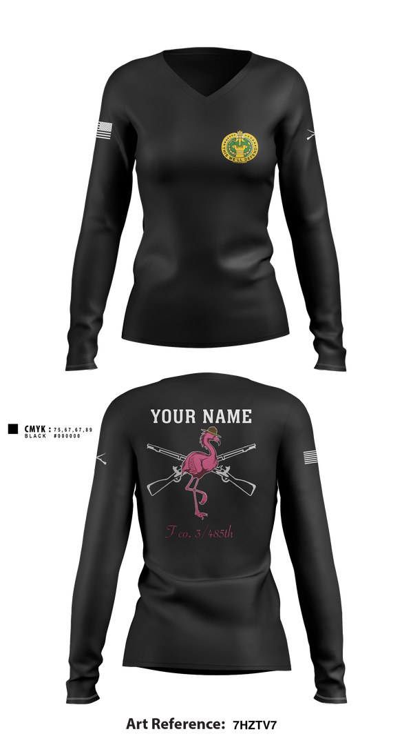 Women's Long Sleeve Vneck Shirt, Flamingo Co F 3/485 IN, Army, Teamtime, Team time, sublimation, custom sports apparel, team uniforms, spirit wear, spiritwear, sports uniforms, custom shirts, team store, custom team store, fundraiser sports, apparel fundraiser