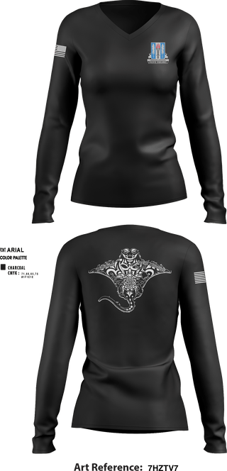 Women's Long Sleeve Vneck Shirt, Full FoarceHHD, 205th MI BN, Spirit Store, Teamtime, Team time, sublimation, custom sports apparel, team uniforms, spirit wear, spiritwear, sports uniforms, custom shirts, team store, custom team store, fundraiser sports, apparel fundraiser
