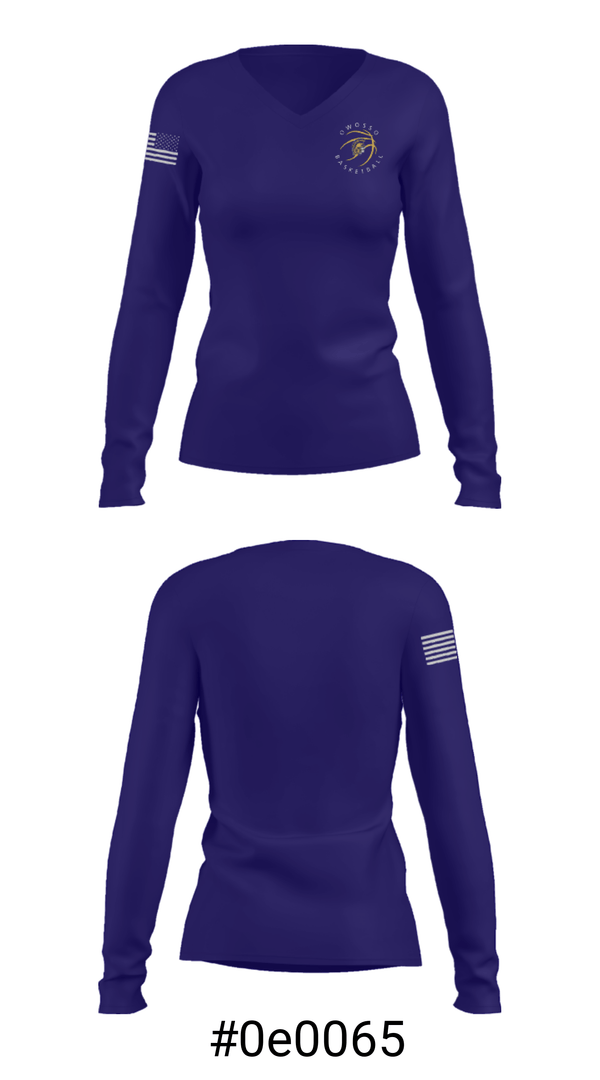 Women's Long Sleeve Vneck Shirt, Owosso High School Basketball, Men's Basketball, Teamtime, Team time, sublimation, custom sports apparel, team uniforms, spirit wear, spiritwear, sports uniforms, custom shirts, team store, custom team store, fundraiser sports, apparel fundraiser