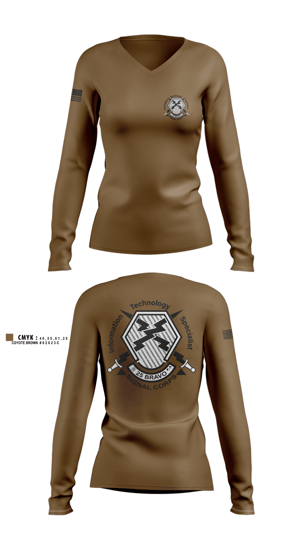 Women's Long Sleeve Vneck Shirt, 25 Bravo, Army, Teamtime, Team time, sublimation, custom sports apparel, team uniforms, spirit wear, spiritwear, sports uniforms, custom shirts, team store, custom team store, fundraiser sports, apparel fundraiser