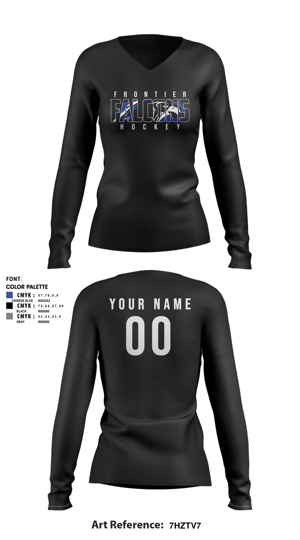 Women's Long Sleeve Vneck Shirt, Frontier Central Hockey, Hockey, Teamtime, Team time, sublimation, custom sports apparel, team uniforms, spirit wear, spiritwear, sports uniforms, custom shirts, team store, custom team store, fundraiser sports, apparel fundraiser
