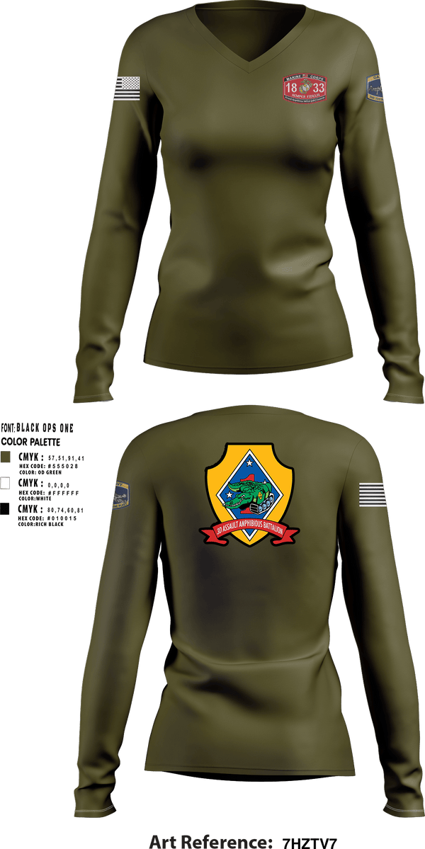 Women's Long Sleeve Vneck Shirt, 3rd AAV 1st Marines DivAmphibious assault, vehicle,, Marines, Teamtime, Team time, sublimation, custom sports apparel, team uniforms, spirit wear, spiritwear, sports uniforms, custom shirts, team store, custom team store, fundraiser sports, apparel fundraiser