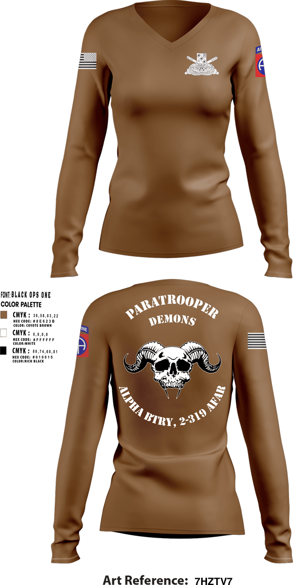 Women's Long Sleeve Vneck Shirt, ALPHA BTRY, 2-319th AFAR, Army, Teamtime, Team time, sublimation, custom sports apparel, team uniforms, spirit wear, spiritwear, sports uniforms, custom shirts, team store, custom team store, fundraiser sports, apparel fundraiser