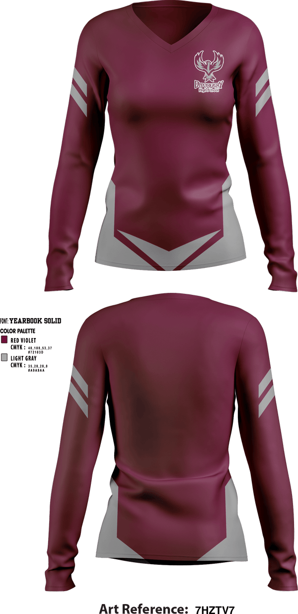 Women's Long Sleeve Vneck Shirt, Discovery High School, Spirit Store, Teamtime, Team time, sublimation, custom sports apparel, team uniforms, spirit wear, spiritwear, sports uniforms, custom shirts, team store, custom team store, fundraiser sports, apparel fundraiser