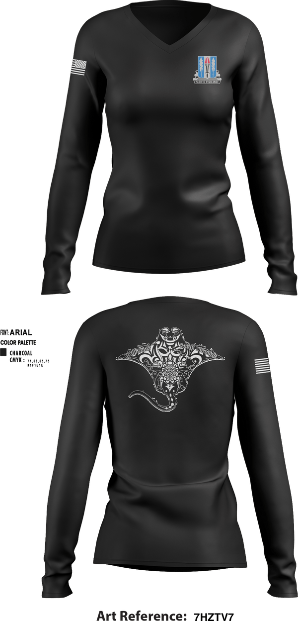 Women's Long Sleeve Vneck Shirt, Full FoarceHHD, 205th MI BN, Spirit Store, Teamtime, Team time, sublimation, custom sports apparel, team uniforms, spirit wear, spiritwear, sports uniforms, custom shirts, team store, custom team store, fundraiser sports, apparel fundraiser