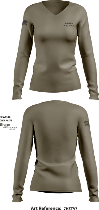 Women's Long Sleeve Vneck Shirt, B BTRY 4-133FAR, Army, Teamtime, Team time, sublimation, custom sports apparel, team uniforms, spirit wear, spiritwear, sports uniforms, custom shirts, team store, custom team store, fundraiser sports, apparel fundraiser