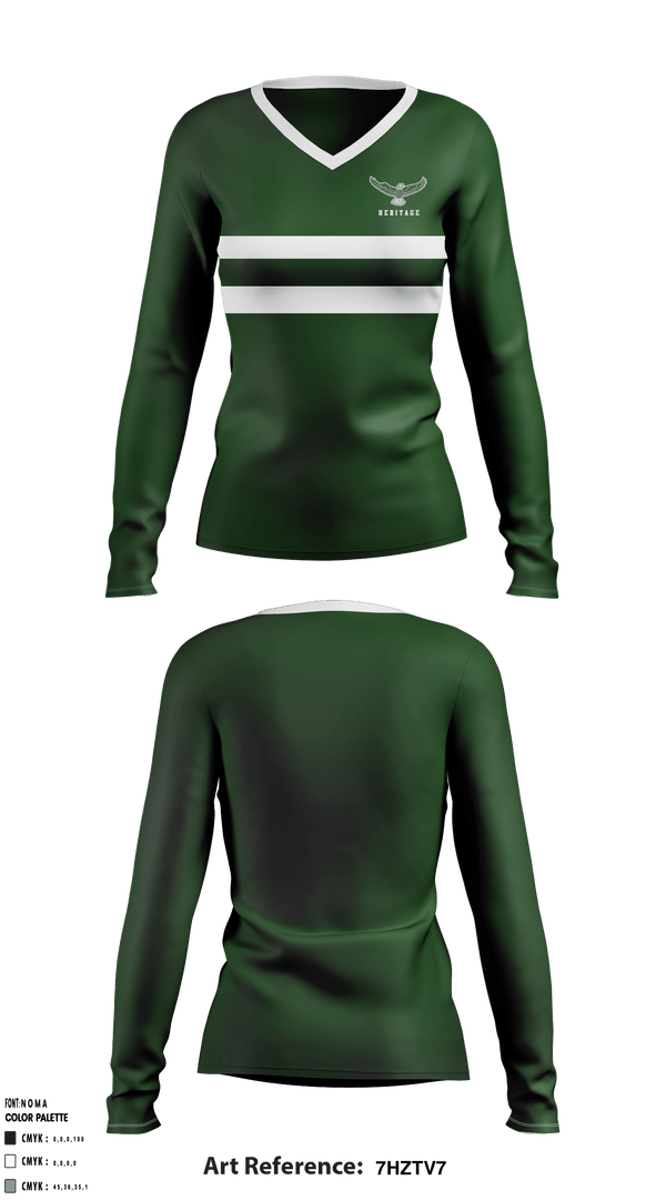 Women's Long Sleeve Vneck Shirt, Heritage Elementary School, Spirit Store, Teamtime, Team time, sublimation, custom sports apparel, team uniforms, spirit wear, spiritwear, sports uniforms, custom shirts, team store, custom team store, fundraiser sports, apparel fundraiser