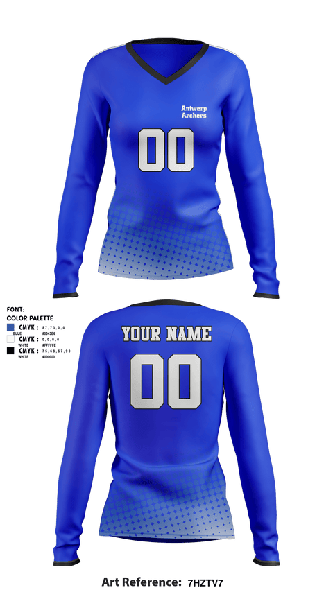 Women's Long Sleeve Vneck Shirt, Antwerp Archers, Women's Volleyball, Teamtime, Team time, sublimation, custom sports apparel, team uniforms, spirit wear, spiritwear, sports uniforms, custom shirts, team store, custom team store, fundraiser sports, apparel fundraiser
