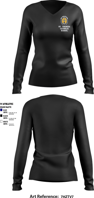 Women's Long Sleeve Vneck Shirt, St. Theresa Catholic School, Spirit Store, Teamtime, Team time, sublimation, custom sports apparel, team uniforms, spirit wear, spiritwear, sports uniforms, custom shirts, team store, custom team store, fundraiser sports, apparel fundraiser