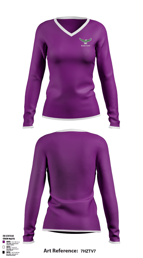 Women's Long Sleeve Vneck Shirt, Heritage Elementary School, Spirit Store, Teamtime, Team time, sublimation, custom sports apparel, team uniforms, spirit wear, spiritwear, sports uniforms, custom shirts, team store, custom team store, fundraiser sports, apparel fundraiser