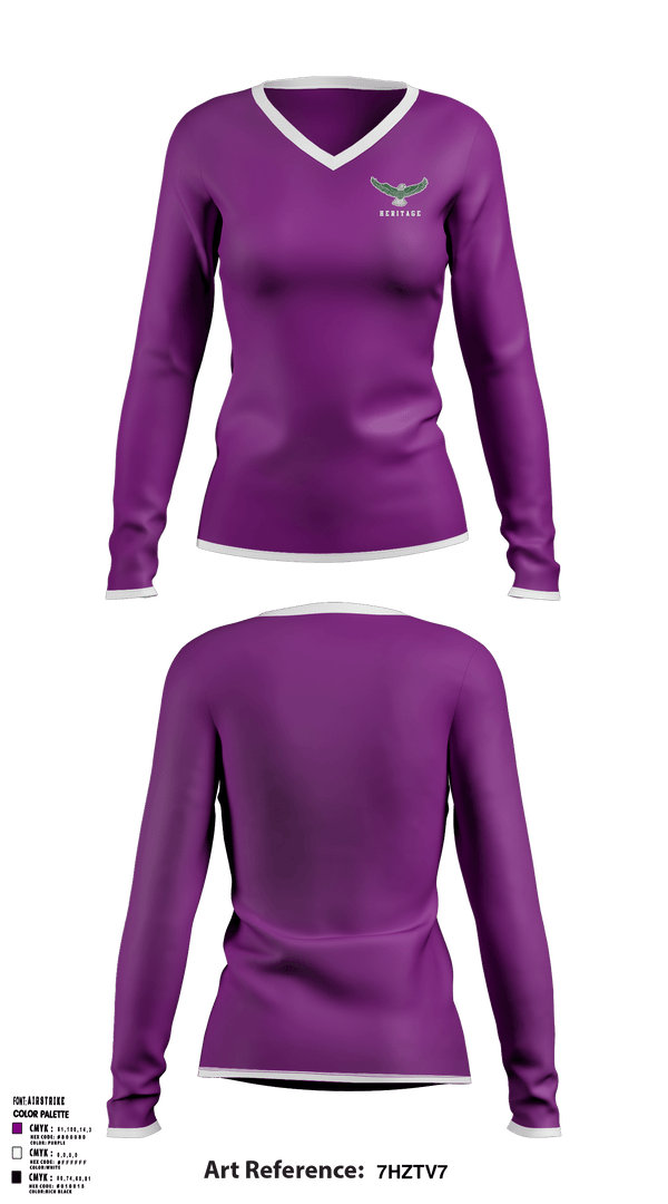 Women's Long Sleeve Vneck Shirt, Heritage Elementary School, Spirit Store, Teamtime, Team time, sublimation, custom sports apparel, team uniforms, spirit wear, spiritwear, sports uniforms, custom shirts, team store, custom team store, fundraiser sports, apparel fundraiser
