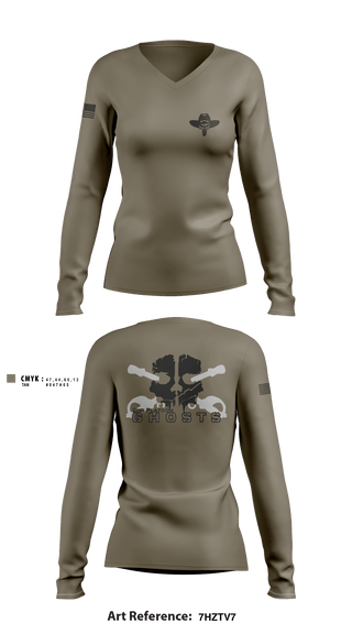 Women's Long Sleeve Vneck Shirt, GHOSTS, Army, Teamtime, Team time, sublimation, custom sports apparel, team uniforms, spirit wear, spiritwear, sports uniforms, custom shirts, team store, custom team store, fundraiser sports, apparel fundraiser