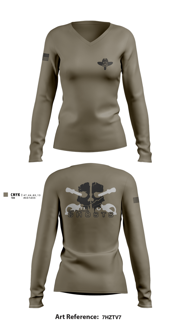 Women's Long Sleeve Vneck Shirt, GHOSTS, Army, Teamtime, Team time, sublimation, custom sports apparel, team uniforms, spirit wear, spiritwear, sports uniforms, custom shirts, team store, custom team store, fundraiser sports, apparel fundraiser