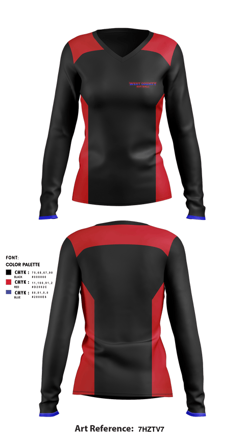 Women's Long Sleeve Vneck Shirt, West County Softball Association, Softball, Teamtime, Team time, sublimation, custom sports apparel, team uniforms, spirit wear, spiritwear, sports uniforms, custom shirts, team store, custom team store, fundraiser sports, apparel fundraiser