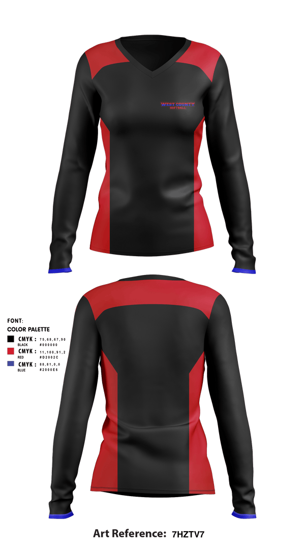 Women's Long Sleeve Vneck Shirt, West County Softball Association, Softball, Teamtime, Team time, sublimation, custom sports apparel, team uniforms, spirit wear, spiritwear, sports uniforms, custom shirts, team store, custom team store, fundraiser sports, apparel fundraiser