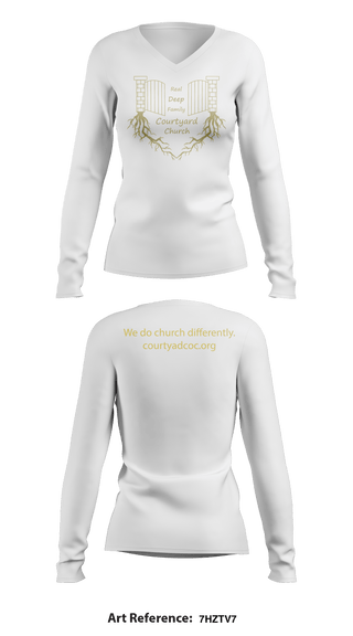 Women's Long Sleeve Vneck Shirt, Courtyard Chuch, , Teamtime, Team time, sublimation, custom sports apparel, team uniforms, spirit wear, spiritwear, sports uniforms, custom shirts, team store, custom team store, fundraiser sports, apparel fundraiser