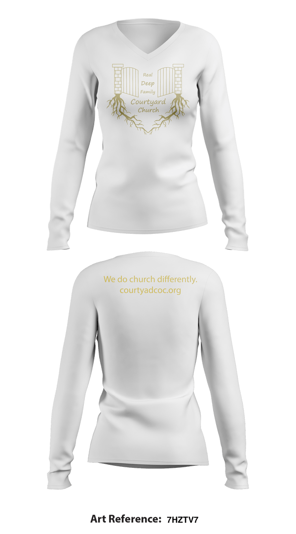 Women's Long Sleeve Vneck Shirt, Courtyard Chuch, , Teamtime, Team time, sublimation, custom sports apparel, team uniforms, spirit wear, spiritwear, sports uniforms, custom shirts, team store, custom team store, fundraiser sports, apparel fundraiser